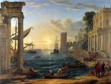The Embarkation of the Queen of Sheba is an oil painting by Claude Lorrain (also known as Claude Gellée) dated 1648.<br/><br/>

The painting depicts the departure of the Queen of Sheba on a visit to King Solomon in Jerusalem, described in the tenth chapter of the First Book of Kings. The Queen wears a pink tunic, royal blue cloak, and golden crown, and is about to board a waiting launch to take her to her ship.